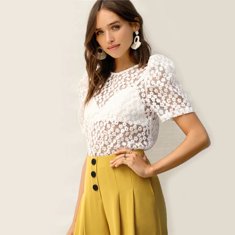 Dotfashion белый узел сзади с пышными рукавами Цветочная вышивка с сеткой женские летние топы летние сексуальные с коротким рукавом корейские блузки