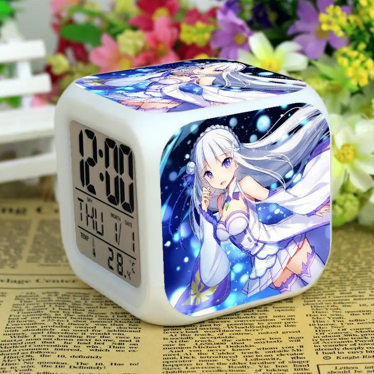 Японский аниме Re Zero Emilia Kawaii семь цветов Изменение светящийся цифровой будильник