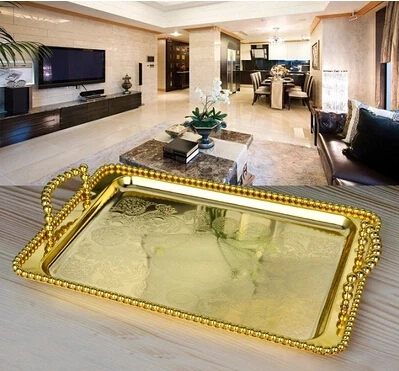 Роскошный Европейский прямоугольный Золотой/посеребренный пищевой контейнер поднос сервировочный декоративный поднос для еды домашнее украшение FT003