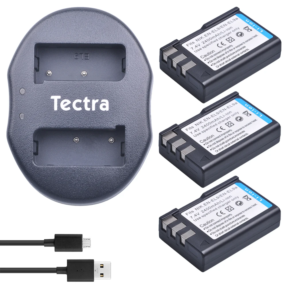 

Tectra 3PCS 2400mAh EN-EL9 EN-EL9a ENEL9 Li-ion Camera Battery + USB Dual Charger for Nikon D60 D40 D40X D5000 D3000 MH-23