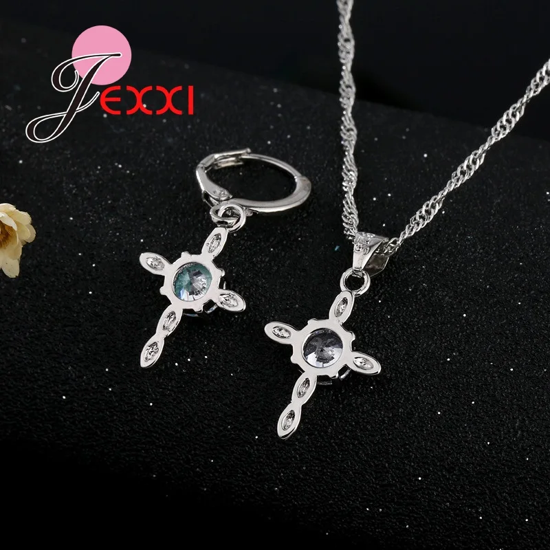

Christmas Gift Shiny Cross Pendant Necklace Earrings Sets Cubic Zirconia 925 Sterling Silver Jewelry Set Drop Shipping