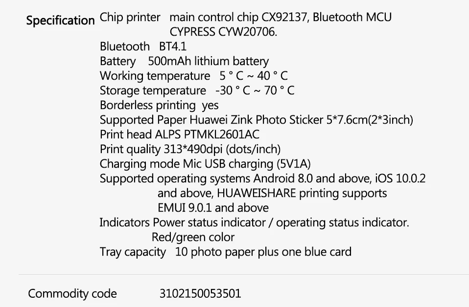 AR принтер 300 точек/дюйм huawei Zink портативный фотопринтер Honor Карманный принтер Bluetooth 4,1 Поддержка DIY поделиться 500 мАч