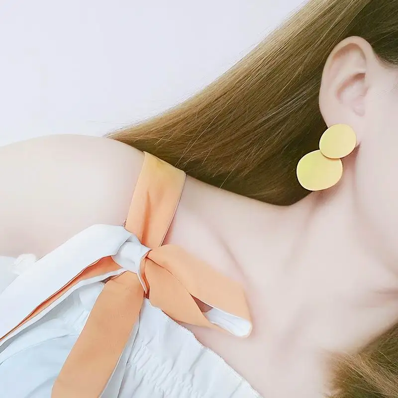 Женские двойные круглые серьги капельки фиолетовые желтые Розовые