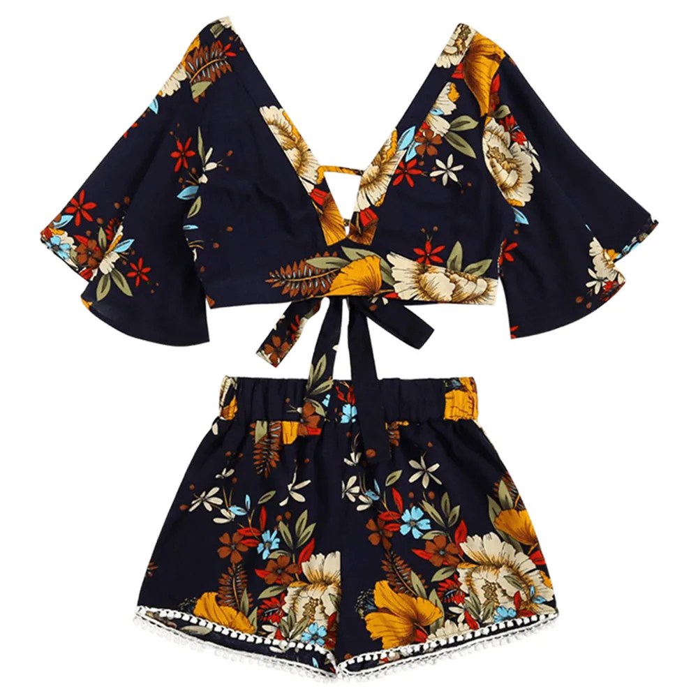 

two-piece suit beach V-neck print set Casual ladies suit strap short-sleeved shorts Shorts Beachwear Y702