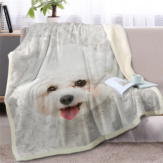 BlessLiving Shih Tzu Throw Blanket for Bed White Dog Fur Print Sherpa Fleece Blanket 3D Animal Bedding Puppy Plush Thin Quilt 2