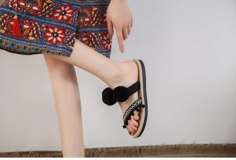 Женские сандалии с помпонами; Boho Hemp Espadrilles; пляжные шлепанцы; Летние праздничные Вьетнамки; Размеры 35-44