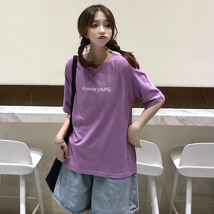 Jielur футболка Женская Harajuku Свободная Повседневная футболка с надписью Forever Young летняя хипстерская Корейская уличная Базовая футболка фиолетовая Синяя