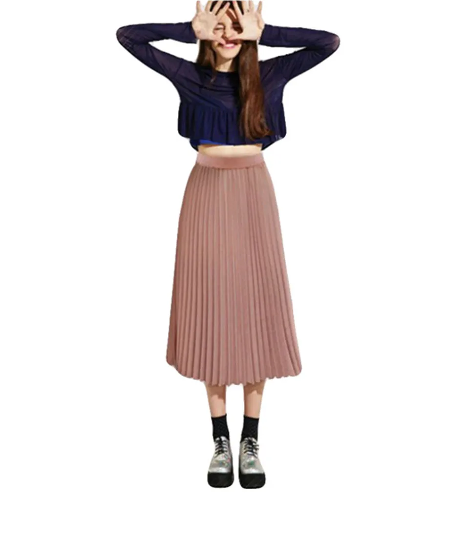 High Waist Pleated Skirt Fashion Solid Long Skirts Black Pink Length Elastic Skirts Woman Summer Fashion Office Maxi Skirt