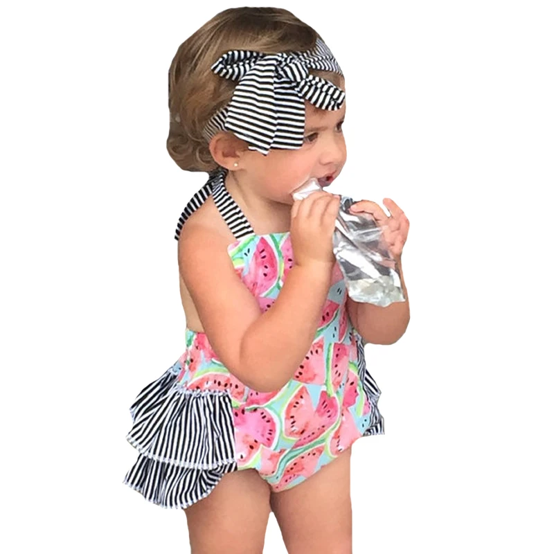 Детский комбинезон в полоску с лямкой на шее и повязкой голову | Детская одежда