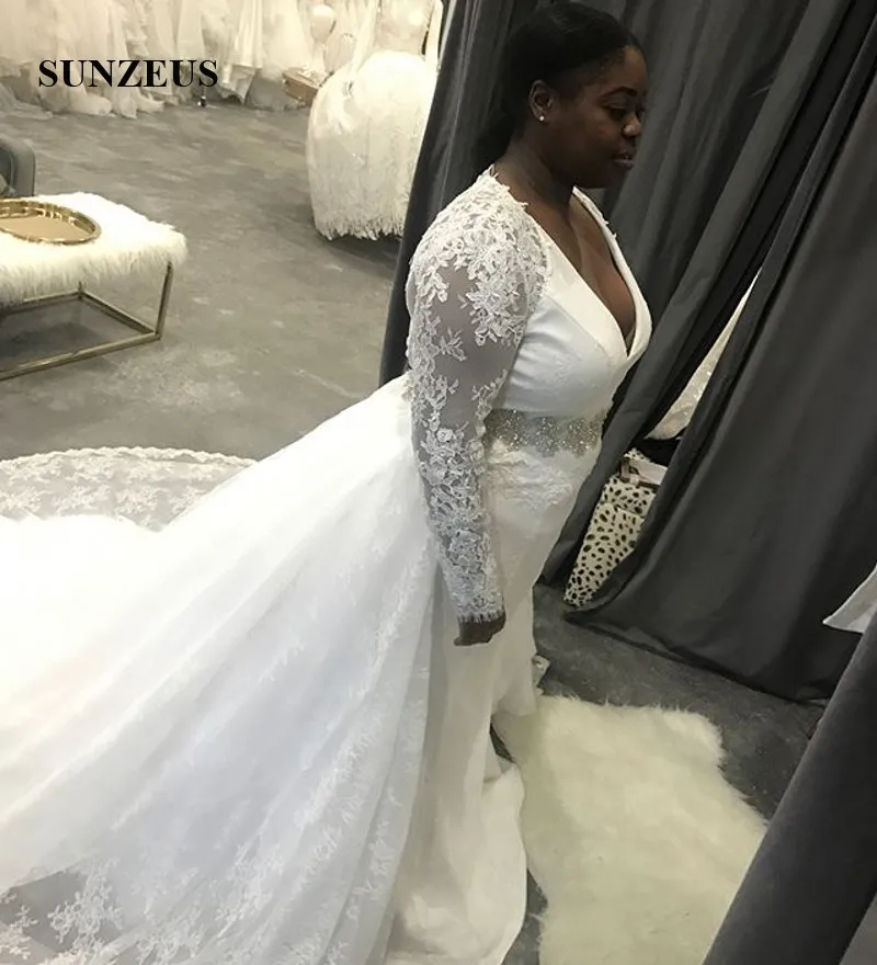 

Plus Size Wedding Dress 2022 Appliques Long Sleeves Bridal Dresses With Lace Detachable Skirt African Women Marrige Gowns
