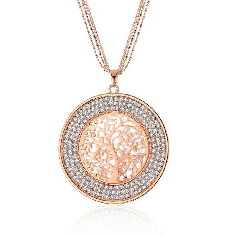 Rose Gold Color Hollow Inside Crystal Round Tree of life Necklaces& Pendants Long Sweater Chains Crystal Necklace For Women Statement Jewelry - Окраска металла: Rose Gold Color