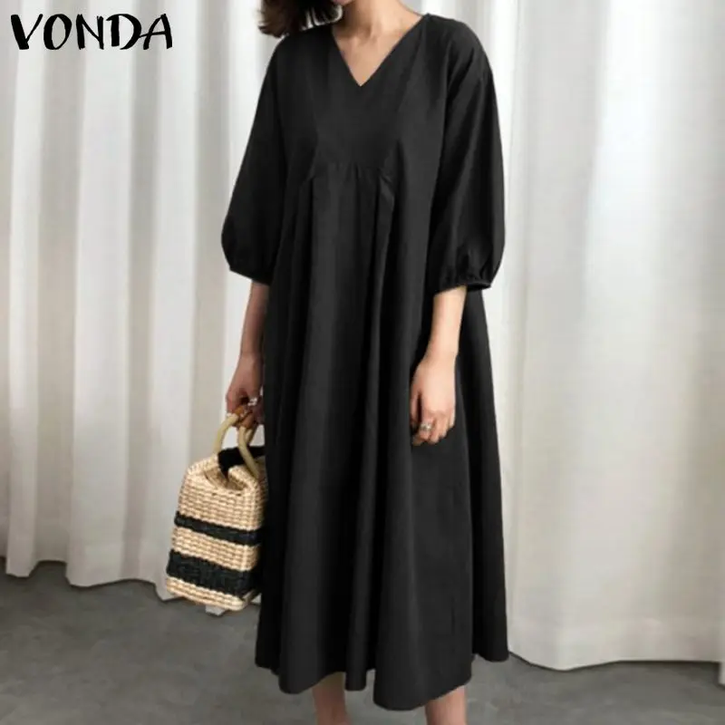 VONDA, платья размера плюс, женские,, летние, винтажные, хлопковые, сексуальные, v-образный вырез, половина рукава, до середины икры, платье, женское, повседневное, свободное, Vestidos 5XL - Цвет: Черный