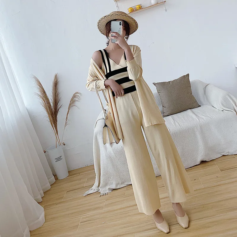 Бежевый ALPHALMODA весенний женский укороченный Топ жилет+ куртка+ широкие брюки вязаный костюм из трех предметов Женский Повседневный OL комплект - Цвет: Бежевый