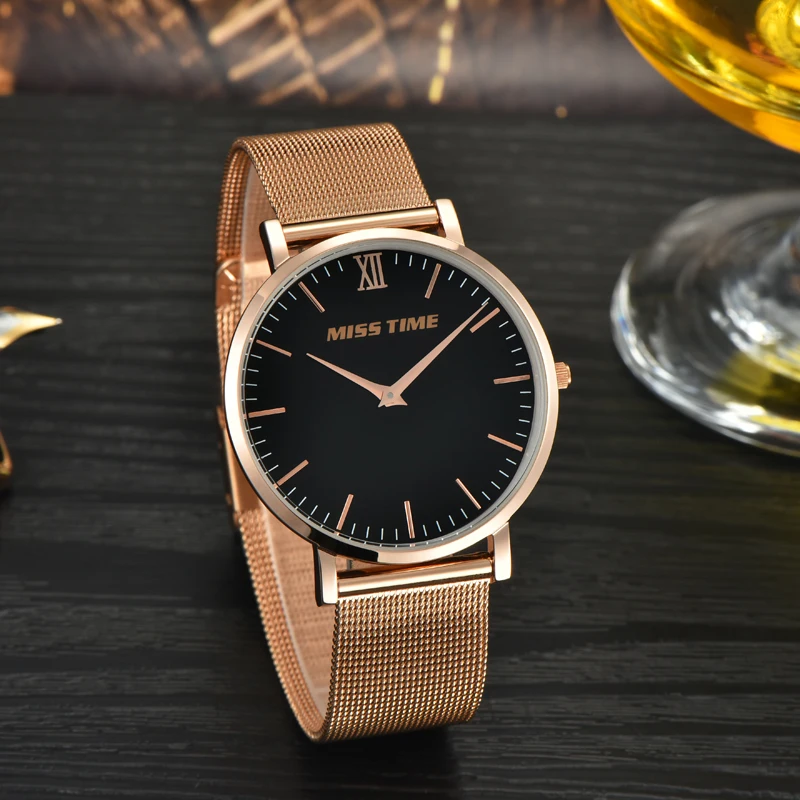 MISSTIME ультра тонкие часы швейцарские кварцевые любовника розовое золото Платье