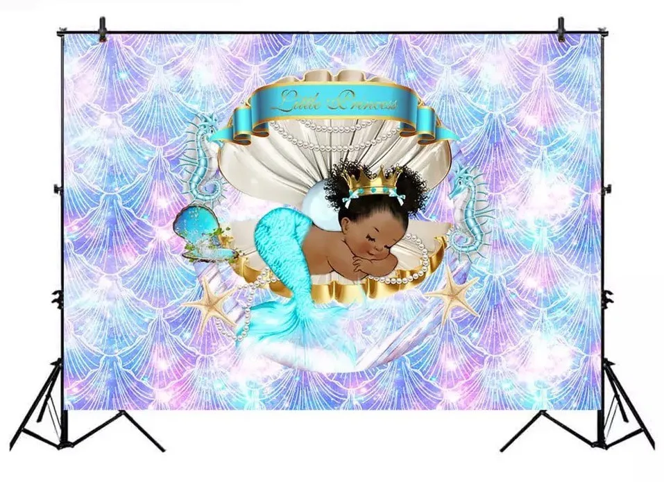 

Little Mermaid Shell Princess Glitter backdrops Computer print Baby Shower Backgrounds G-731