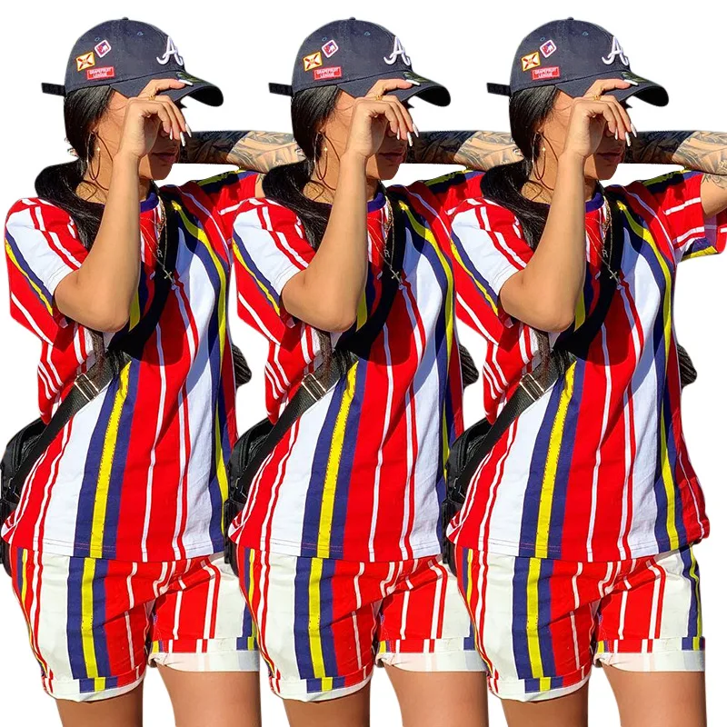 2019 Женский Летний Новый Цветной полосатый с О образным вырезом костюм футболка