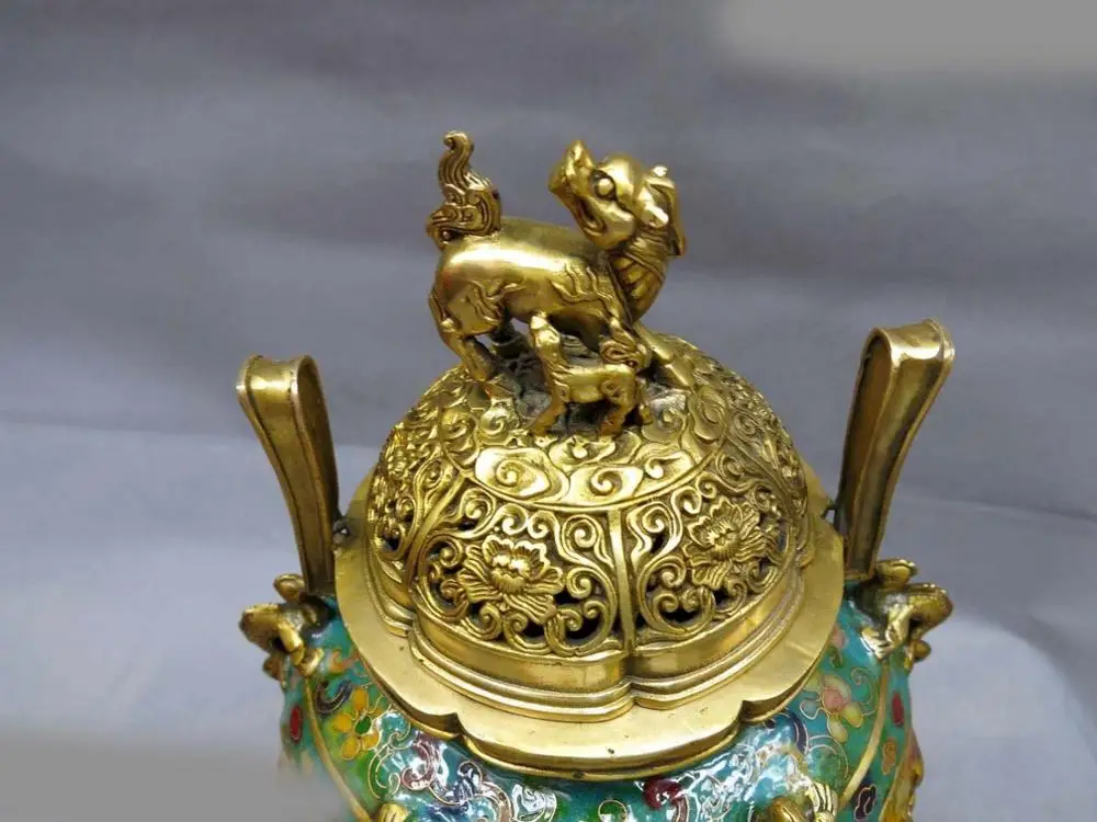 13&quot China bronze gild Cloisonne censer Foo Dog Lion dragon incense burner Statue 32cm | Дом и сад