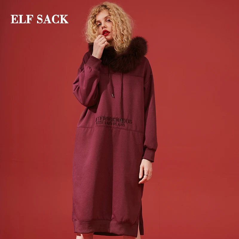 ELFSACK, белые повседневные толстовки с меховым воротником, женское платье-Толстовка, Осень-зима, плотные женские длинные платья