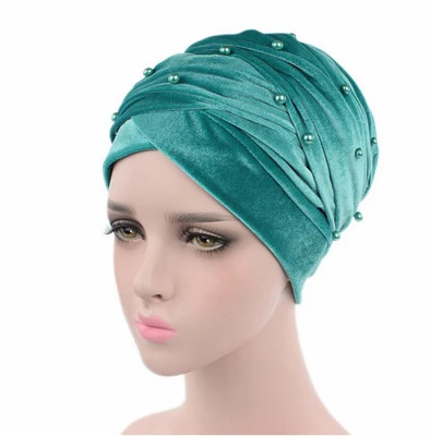 RUNMEIFA Дизайн мусульманский Skullies& Beanies бархатный шарф шапка для дам роскошный бренд жемчужный головной шарф африканская шапка - Цвет: H