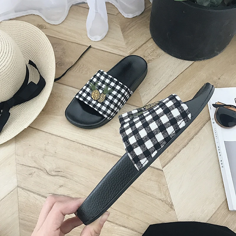 Summer Slippers Women Pineapple Cute Korean Style Fabric Simple Plaid Flat Slipper Ladies Non-slip Shoes Womens All-match Chic | Обувь