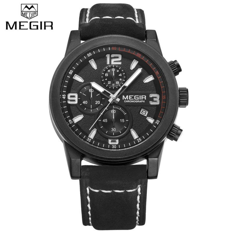 Мужские спортивные часы MEGIR кварцевые с хронографом из натуральной кожи на