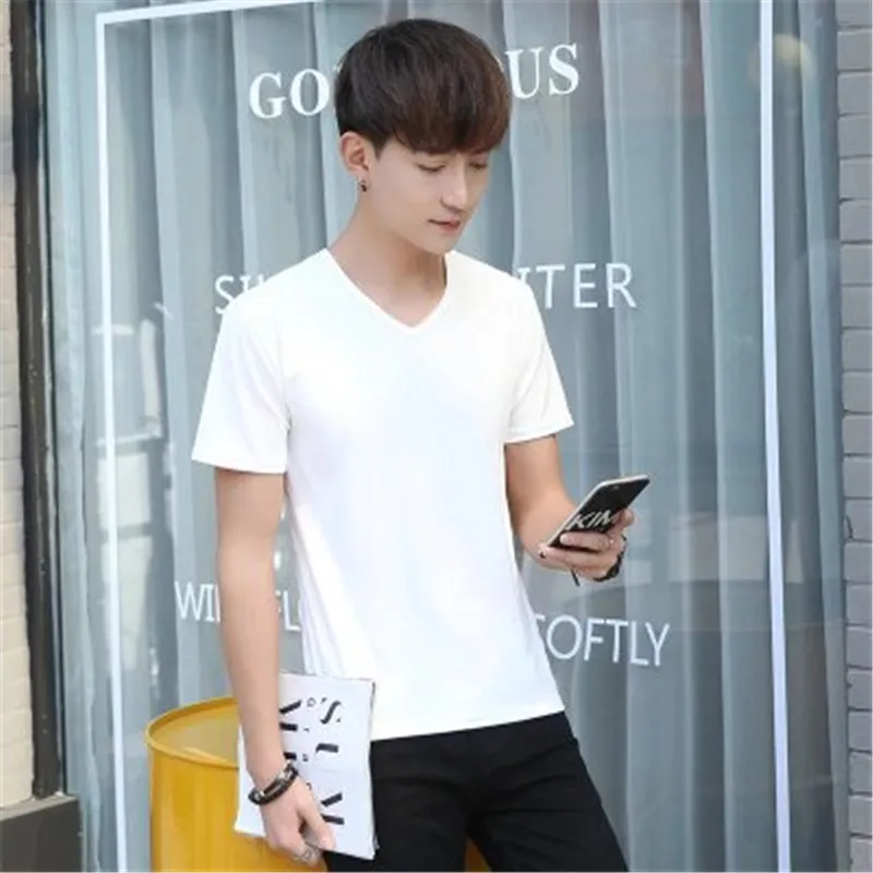 Summer new men's solid color short-sleeved V-neck T-shirt multi-color bottoming shirt t-shirt | Мужская одежда