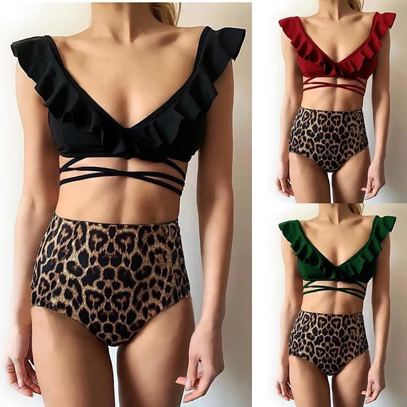 Цветочный принт оборками бразильский высокой талией бикини Купальники-бикини