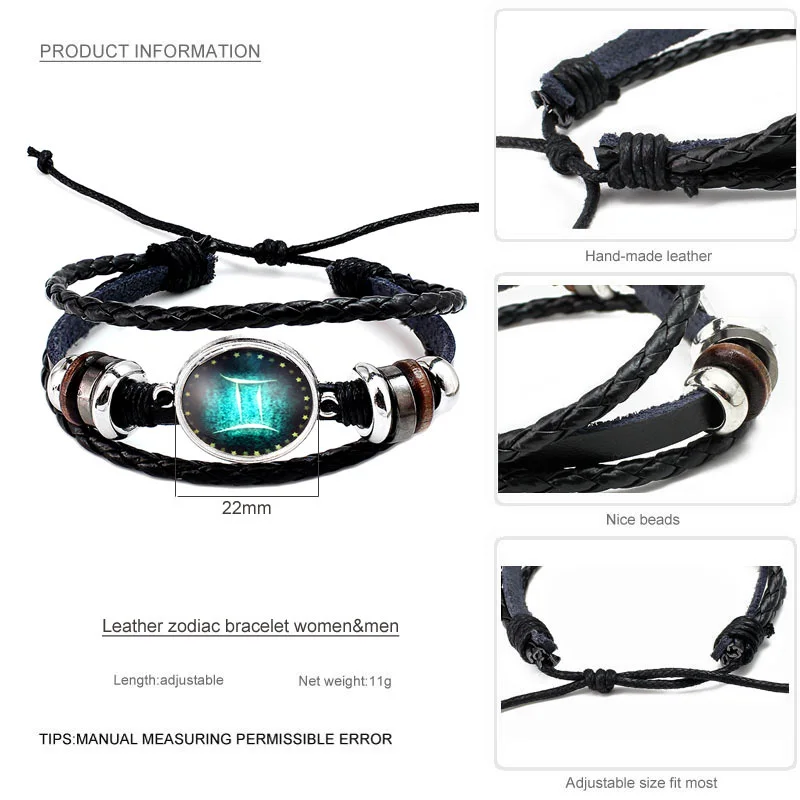 Мужской винтажный плетеный кожаный браслет 12 знаков зодиака | Украшения и