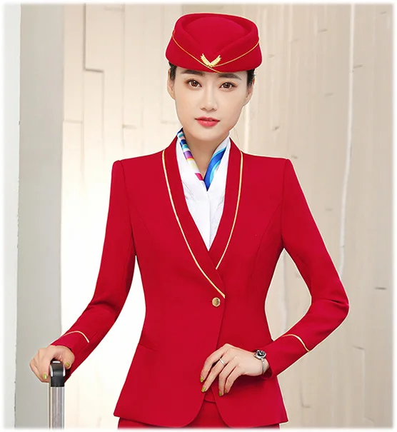 red coat pant IZICFLY новая официальная деловая стюардная одежда для женщин костюмы офисные комплекты с юбкой стюардесса элегантная рабочая одежда большой размер - Цвет: red coat pant