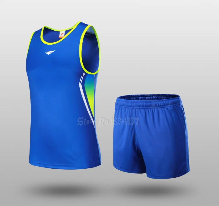 Blue Для мужчин спортивные костюмы Marathon, жилет, комплект одежды с короткими рукавами+ шорты 2 шт./компл. гоночных комплекты изготовленные на заказ для спортивной площадки; для беговой дорожки; Костюмы одежда для бега - Цвет: Blue