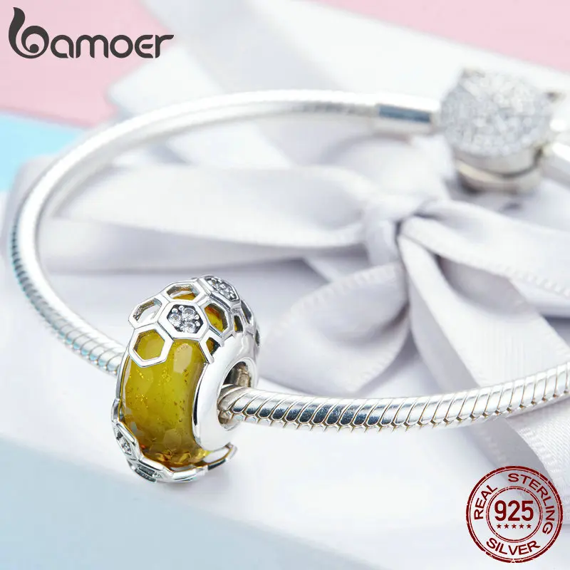 BAMOER модный 925 пробы серебряный европейский сотовый пчелиный стеклянный бисер Подходит для оригинальных браслетов и браслетов DIY Ювелирные изделия SCC1073