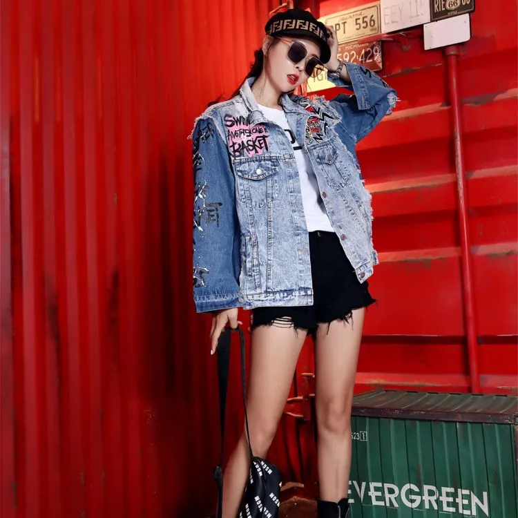 Женская джинсовая куртка с граффити повседневная винтажная в стиле K POP модель