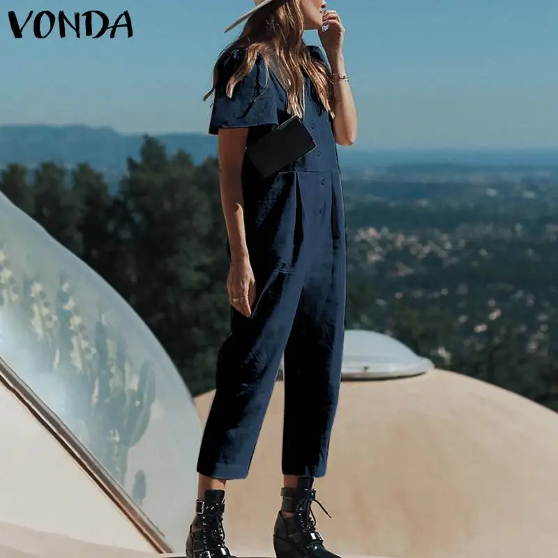 VONDA, летний женский комбинезон,, сексуальный, короткий рукав, на пуговицах, прямой, Повседневный, хлопок, комбинезон, OL, комбинезоны размера плюс