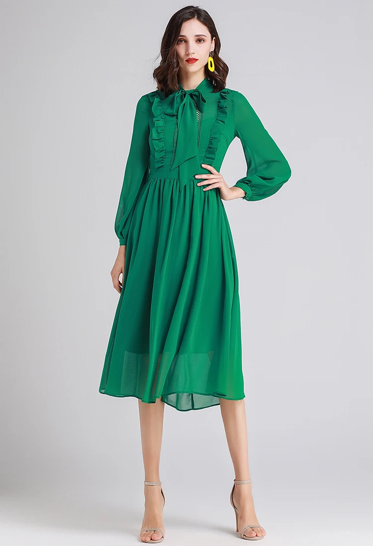 MoaaYina Fashion Designer Runway dress Spring Summer Women Dress Bow collar Ruffles Long sleeve Slim Elegant Dresses