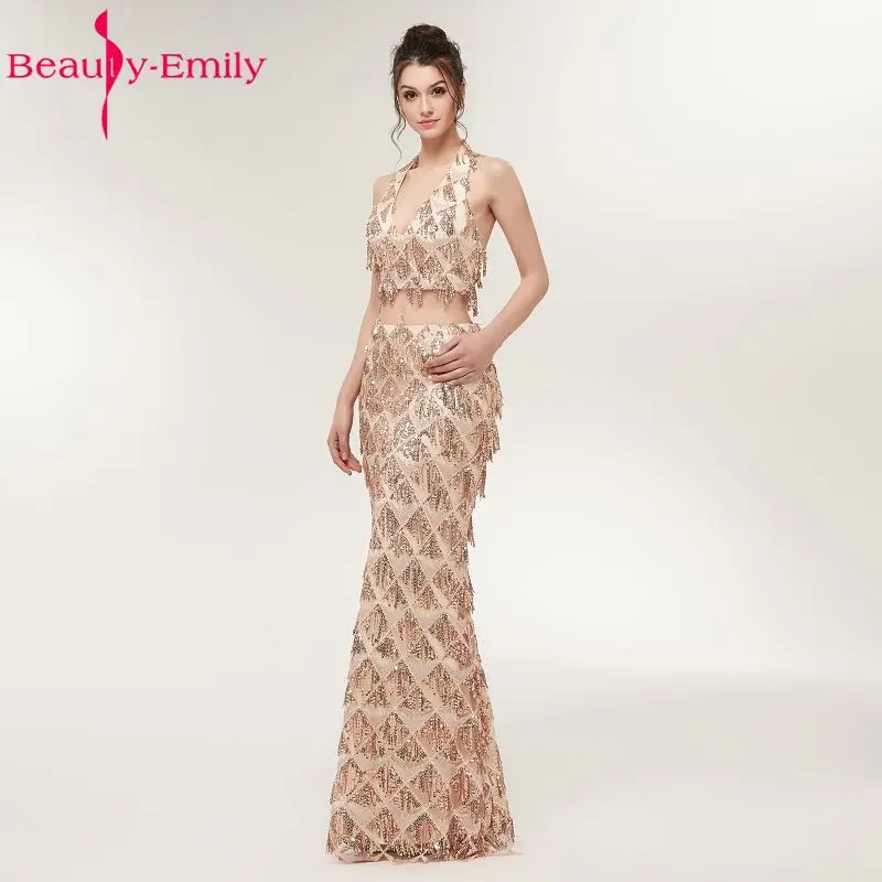 Beauty Emily два предмета золотая русалка Длинные Формальные Вечерние платья 2018