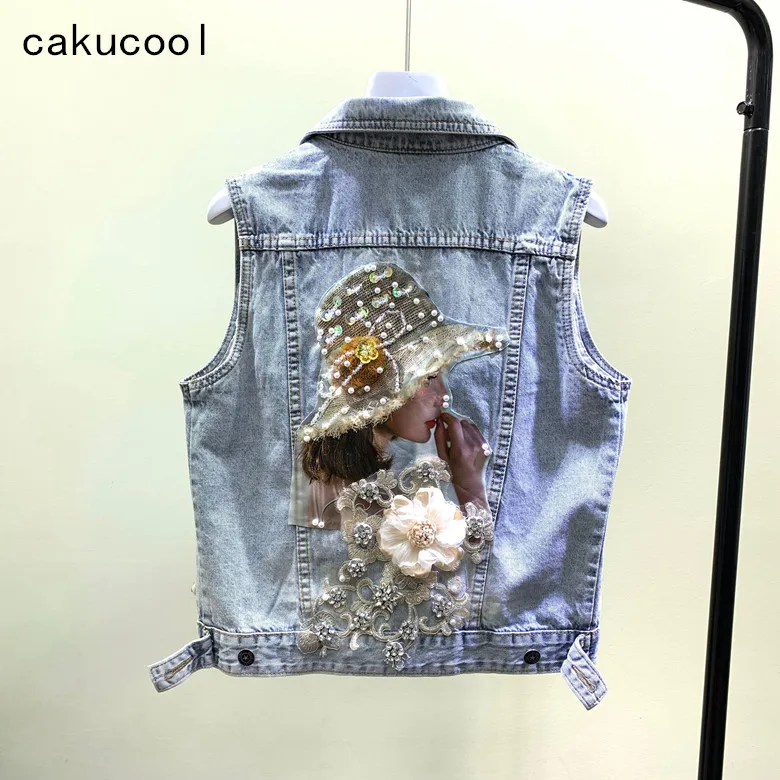 

Cakucool Европейский Стиль, деним джинсы пальто для женщин с вышивкой с пайетками и рисунком, украшенная цветами и бусинами жилет тонкий жилет д...