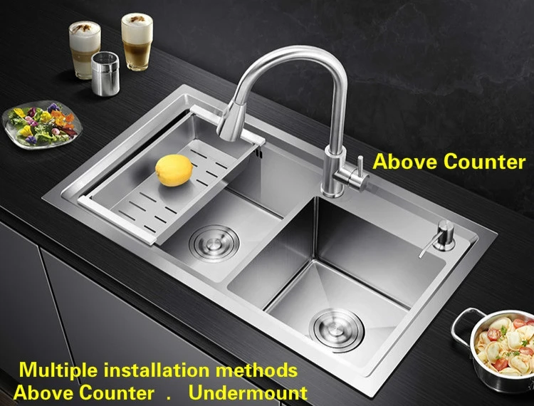 Free shipping Apartment big kitchen manual sink double groove do the dishes 304 stainless steel high quality hot sell 82x45 CM |