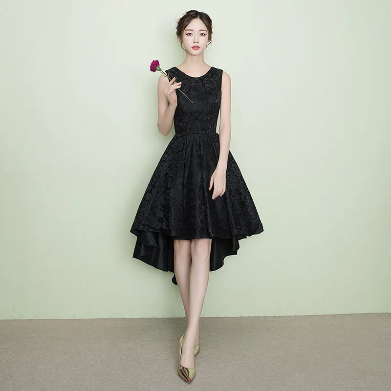 

Black Lace Evening Dress 2019 New Korean Style Short Front Long Back Prom Party Dress Custom Size O-neck Simple Banquet Dresses