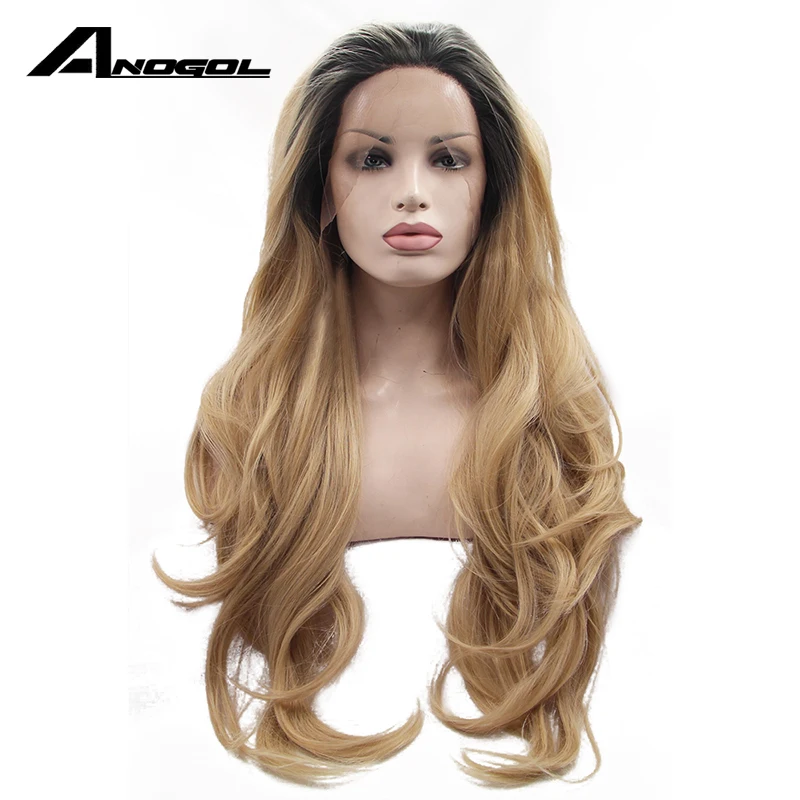 

Anogol Ombre Blonde large Lace Front Wig Dark Roots Glueless Synthetic Heat Resistant Fiber Natural Hair Women Wigs Long Wavy