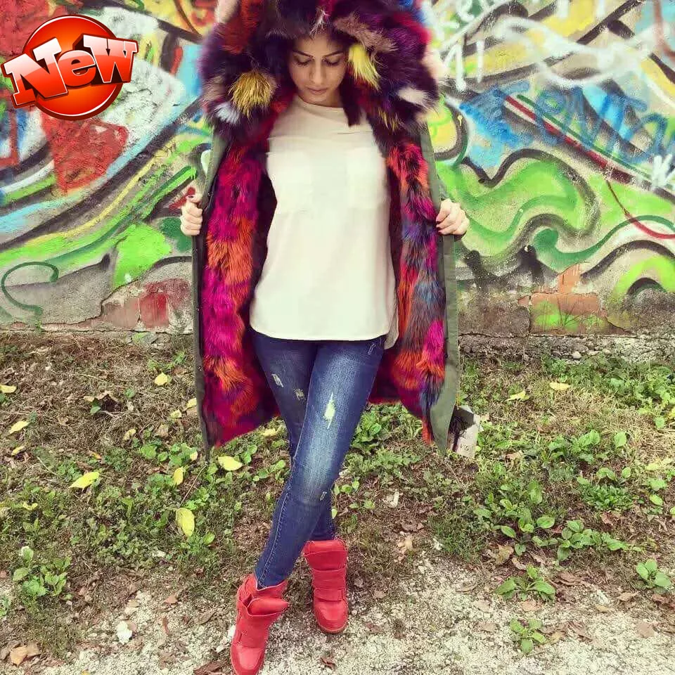

Black/Army Fur Parka,long style mulitcolor fashion women winter fur jacket,short colorful fur lining coat mr&mrs