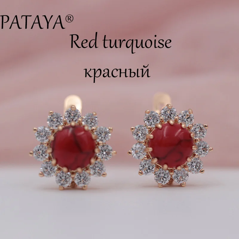 Red Turquoise PATAYA, Новое поступление, женские разноцветные индийские свадебные ювелирные изделия, Подсолнух, оникс, натуральный камень, серьги, 585 розовое золото, свисающие серьги - Окраска металла: Red Turquoise