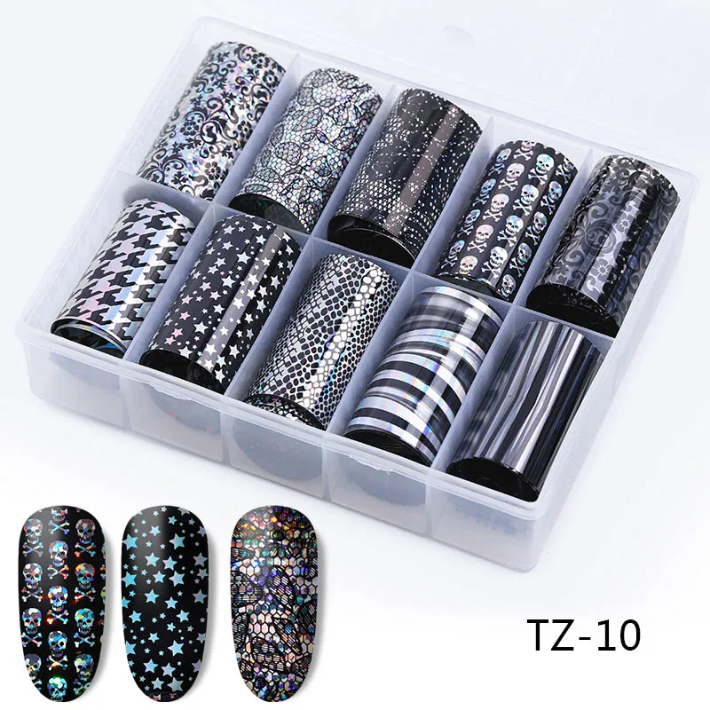 TZ-10 10 рулонов, 4*120 см, голографические наклейки для ногтей, 24 дизайна, цветок, звездное небо, Лазерная Фольга для ногтей, набор переводных наклеек, сделай сам, наклейки для маникюра - Цвет: TZ-10