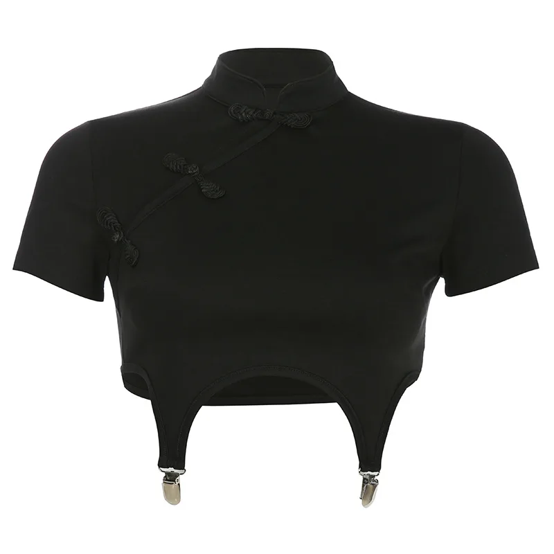 Cheongsam топ летний винтажный панк Рок пластина пряжка тонкий для женщин футболка Короткие топы Сексуальная рубашка уличная черная
