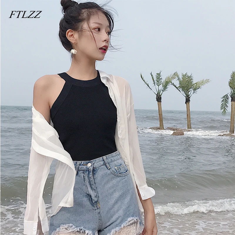 FTLZZ сексуальная майка пляжный Топ для женщин тонкая с вырезом открытыми плечами