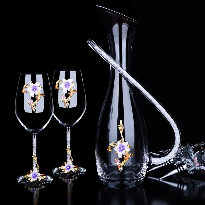 3pcs Purple flower Эмаль Красное Вино чашка набор Европейский высокого класса Кубок чашки графин бокал вина хрустальные бокалы под шампанское на свадьбу вечерние принадлежности - Цвет: 3pcs Purple flower