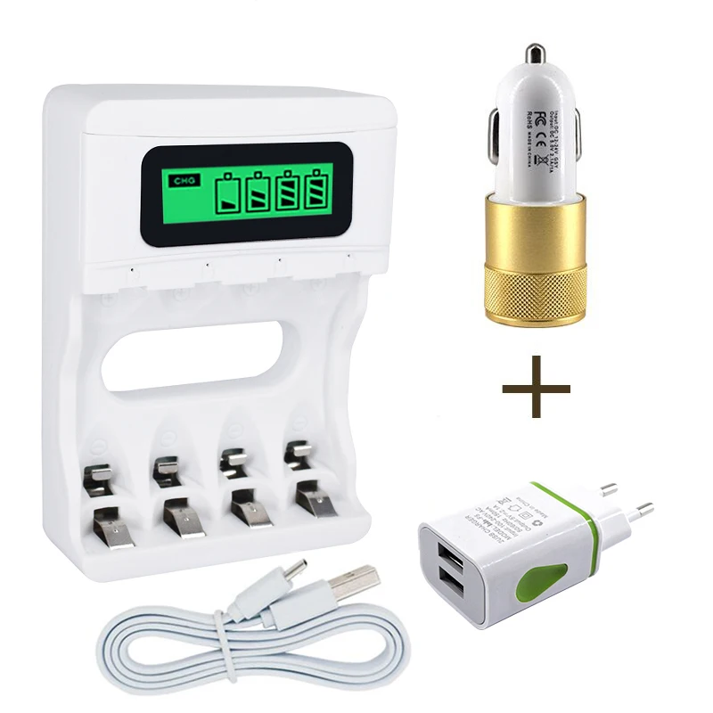 USB Автомобильное Зарядное устройство+ интеллект 4 слота ЖК-дисплей дисплей Батарея Зарядное устройство для AA/AAA перезаряжаемый аккумулятор - Цвет: With Both of them
