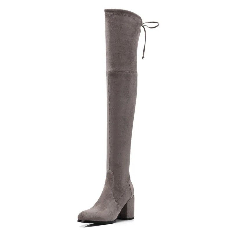 gray ASUMER/Большие размеры 34-41, новые модные сапоги выше колена обувь на высоком квадратном каблуке женские высокие сапоги замшевые эластичные сапоги до бедра - Цвет: gray