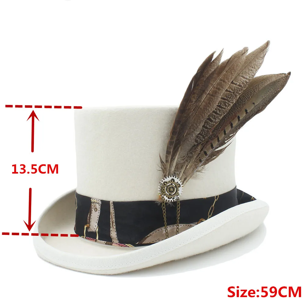 White Leather-59CM 13,5 см Топ для женщин и мужчин белый стимпанк топ шляпа с ручной работы кожа шерсть шляпы федоры/шляпа-цилиндр/шимпанзе - Цвет: White Leather-59CM