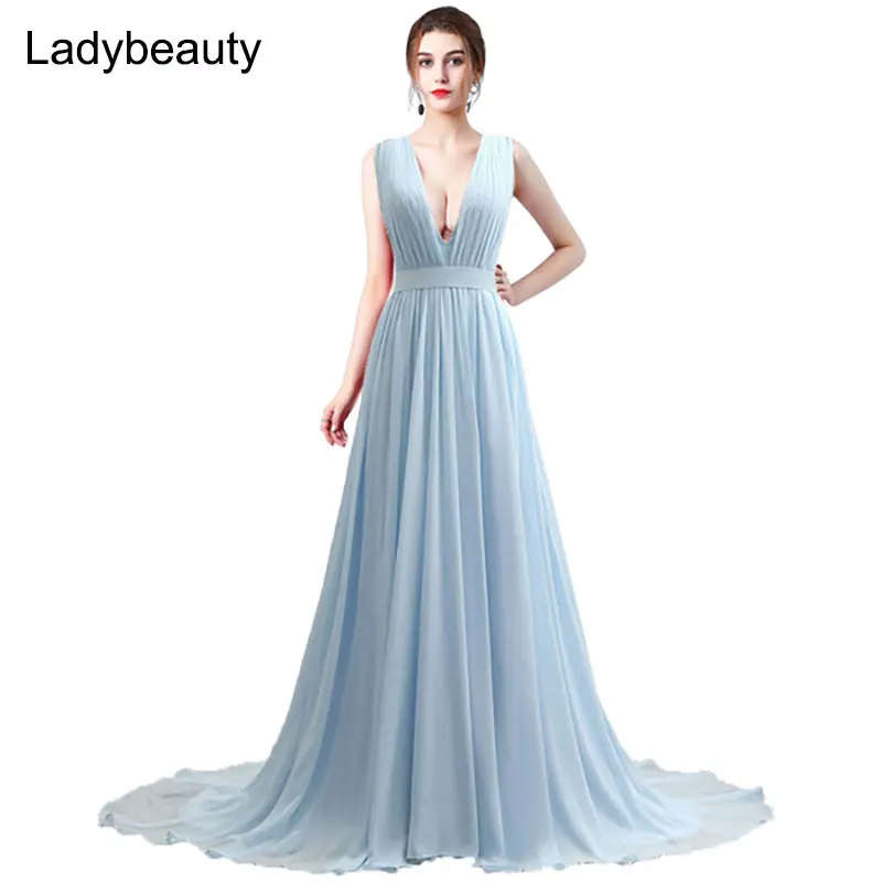 Женское вечернее платье со шлейфом Ladybeauty длинное шифоновое без рукавов с V