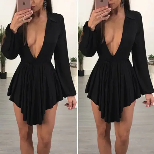

Women Sexy Deep V-Neck Lantern Long Sleeve Solid Draped Asymmetrical Hem Ladies Party Mini Dress